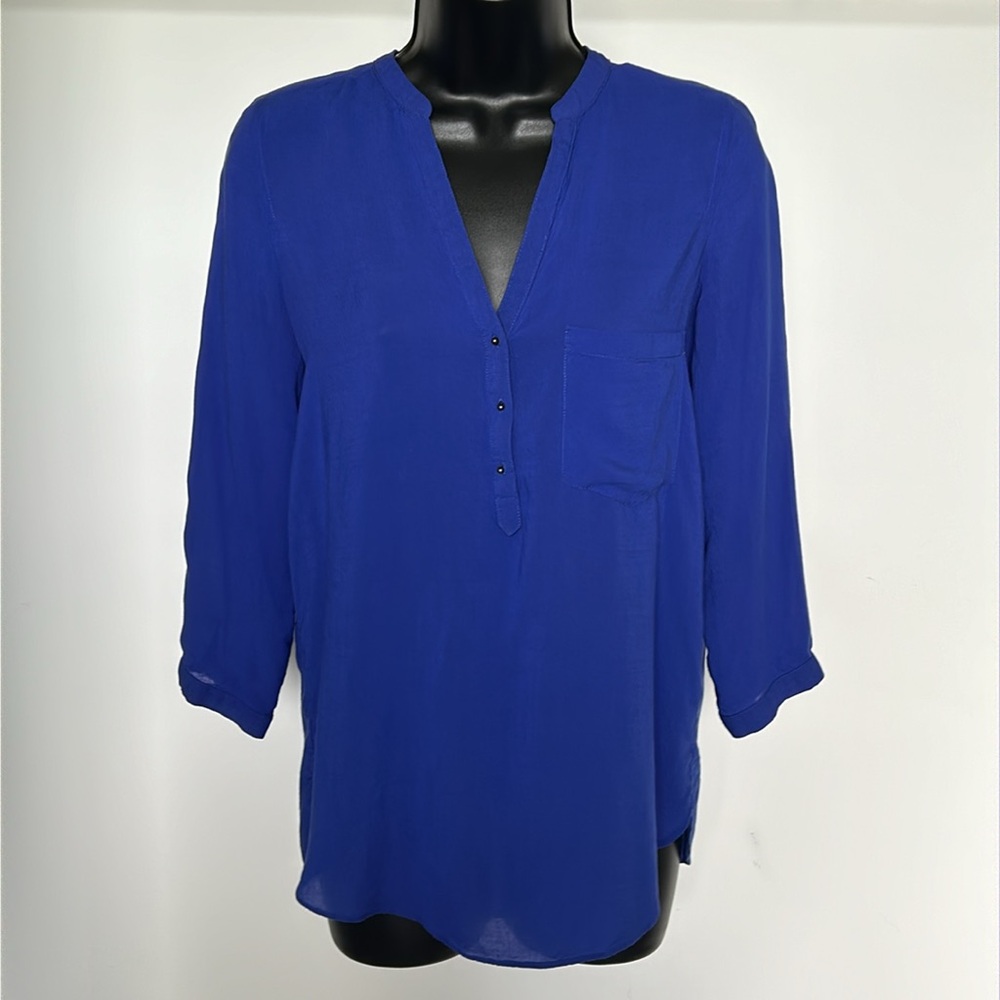 ZARA Basics Royal Blue Flowy V-Neck Tunic Blouse Women’s XS - Picture 3 of 12